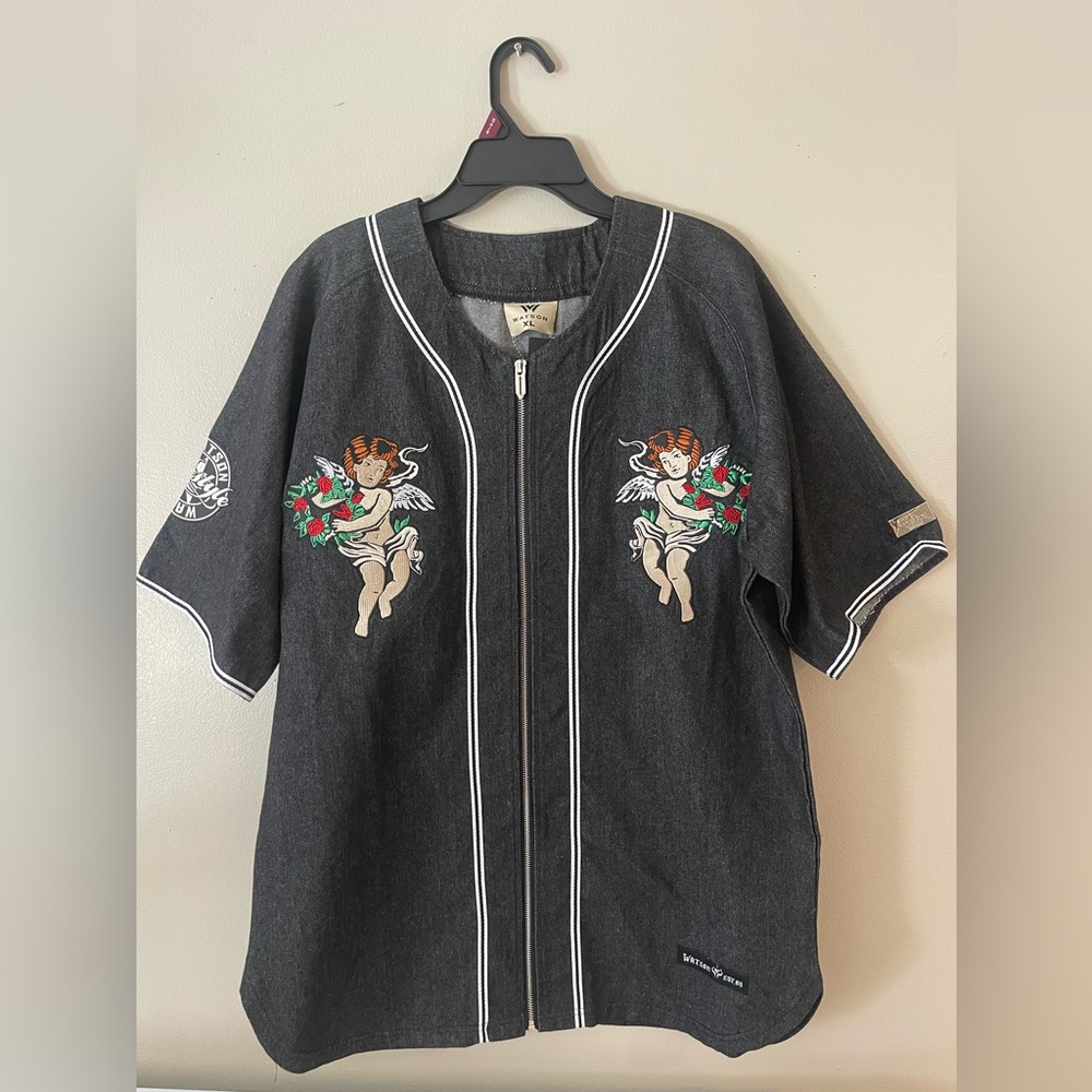 Embroidered Angel Casual Button Down Shirt - Black